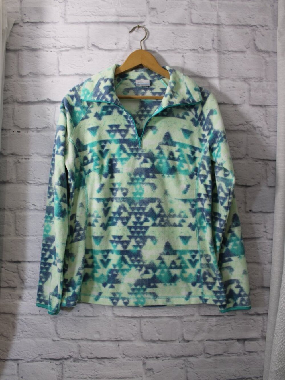 Columbia Medium Blue Green Aztec Quarter Zip Longsleeve Lightweight Fall Fleece